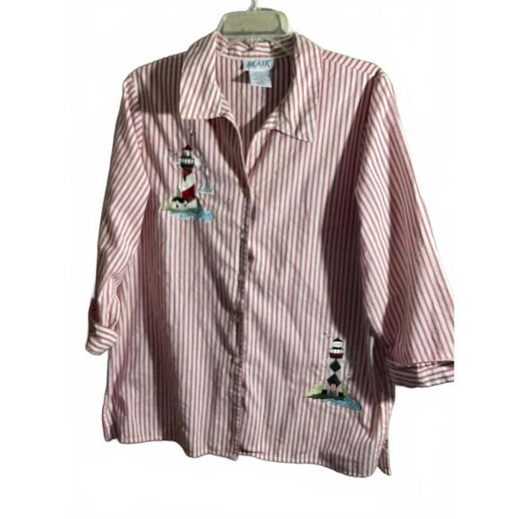 Blair Tops - Blair Striped Lighthouse Embroidered Shirt large